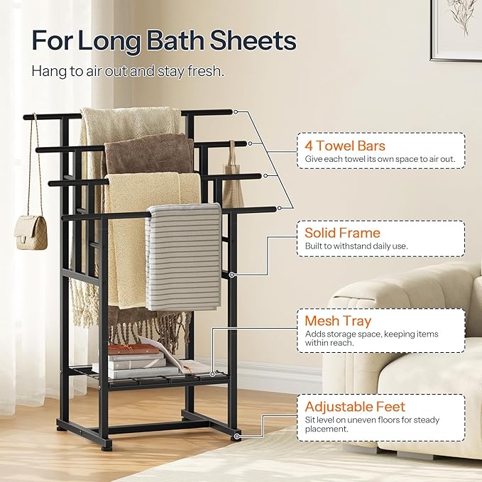 HOOBRO 4-Tier Freestanding Towel Rack, 28.3" L x 15.7" W x 41.3" H, Pool Towel Rack Outdoor, Metal Bathroom Storage Organizer with Bottom Shelf, Standing Blanket Rack, Industrial Style, Black BK16LB01