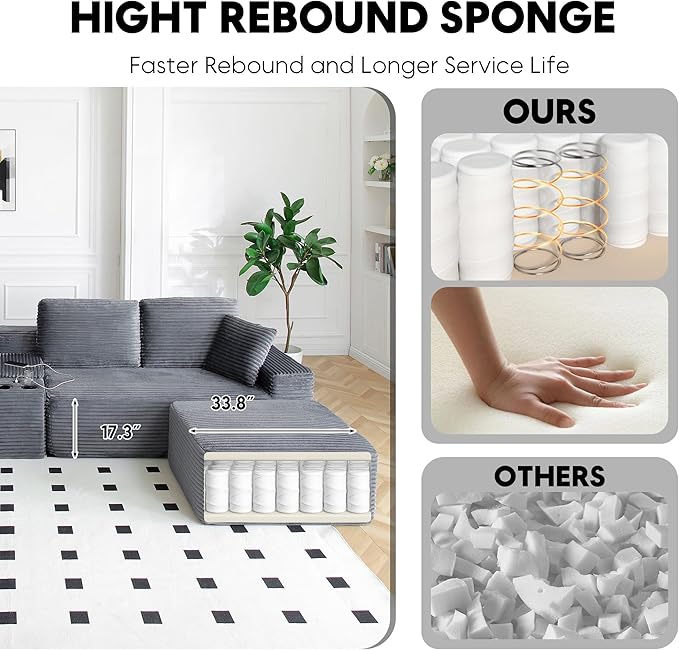 125 Inch Modular Sectional Sofa, Modern Oversized Corduroy Cloud Couch with 2 Ottomans, Cup Holders and USB Ports, U Shape Couch Boneless Couches for Living Room, No Assembly Required, Grey