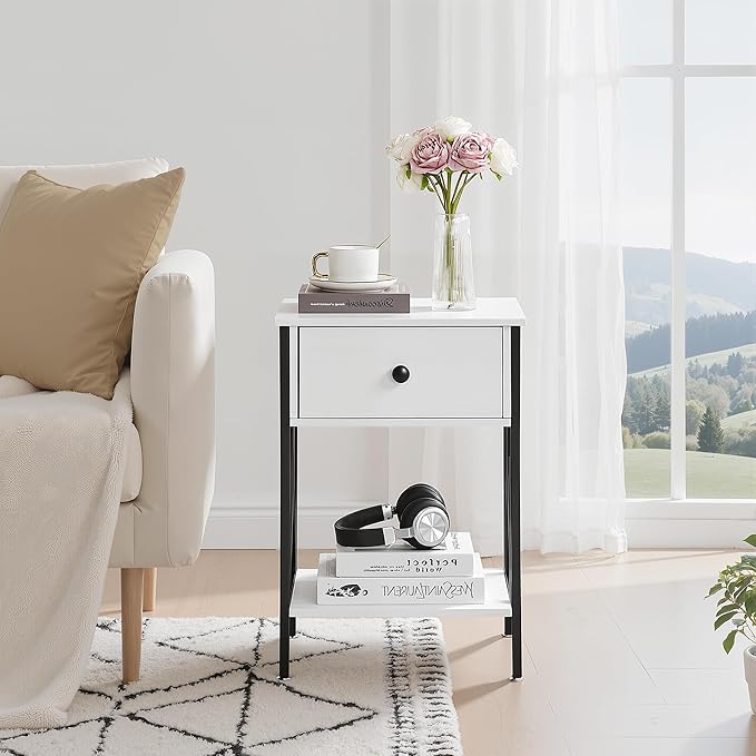 VECELO Nightstands Set of 2, Modern Bedside End Tables, Night Stands with Drawer and Storage Shelf for Living Room Bedroom, Industrial Metal Frame