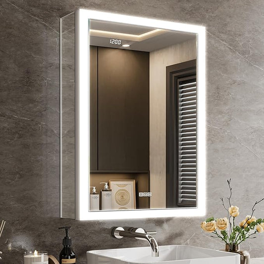 Lighted Medicine Cabinet with Mirror & Clock -20x26 Surface or Recessed Aluminum Medicine Cabinet with Dimmable Light & Outlet, Anti-Fog, Built-in Sensing Light, Assembly-Free