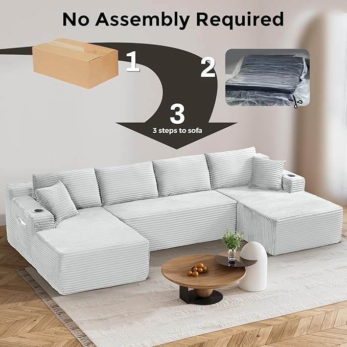 133" Oversized Cloud Boneless Sofa Couch with Chaise, Modern Corduroy Modular Sectional Sofa with Deep Seat, Comfy Couch with cupholders and Storage, No Assembly Required-Light Grey