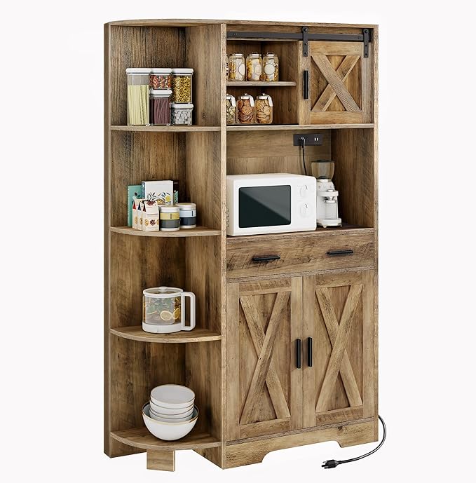 YITAHOME 67" Farmhouse Kitchen Pantry with Power Outlet, Sliding Barn Door Storage Cabinet w Charging Station, Freestanding Hutch with Shelves & Drawer, Microwave Stand Cupboard for Dining Room, Oak