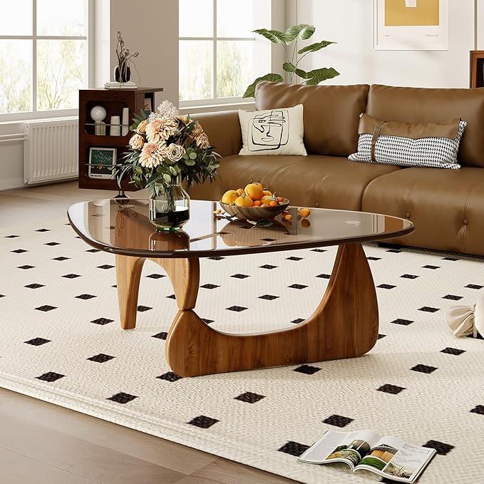 Coffee Table for Living Room Mid Century Modern Center Table with Glass Top and Wood, 36 Inch, Brown/Walnut