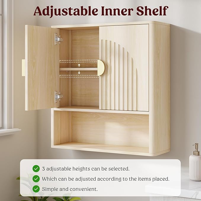 Lulive Bathroom Wall Cabinet with Adjustable Wood Shelf, Fluted Medicine Cabinet with 2 Doors, Over The Toilet Storage Cabinet for Laundry Room, Kitchen, Living Room, Natural