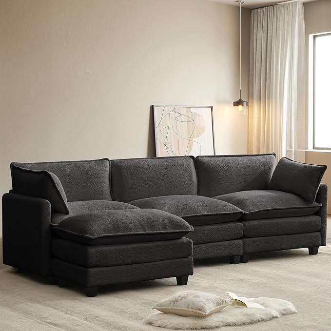 ROWHY 112'' Sectional Cloud Couch with Movable Ottoman, 4 Seat Modern Chenille Modular Sofa with 2 Throw Pillows, Deep Seat L Shaped Couch for Living Room Bedroom Apartment, Dark Grey | Sturdy Frame