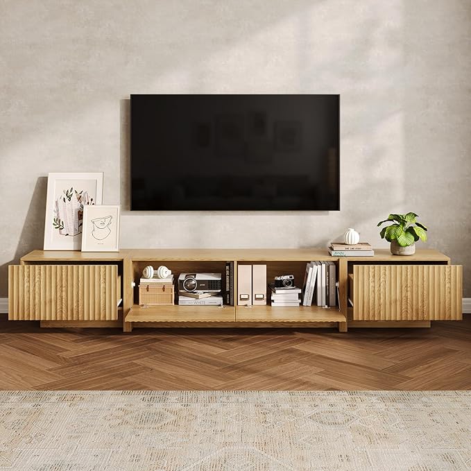 98” TV Stand for Living Room, Modern Entertainment Center with Drawers & Storage Compartments, Large TV Console Fits 55”-95” TVs, Square Top with Grooved Drawer Fronts & Stable Base,Natural