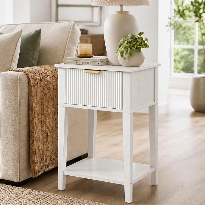 Modern Fluted Small Wood Nightstand, 11.8" Deep x 15.4" Narrow Bedside Table with Drawer & Open Shelf, Farmhouse Chic Accent Side Table for Bedroom & Sofa - White