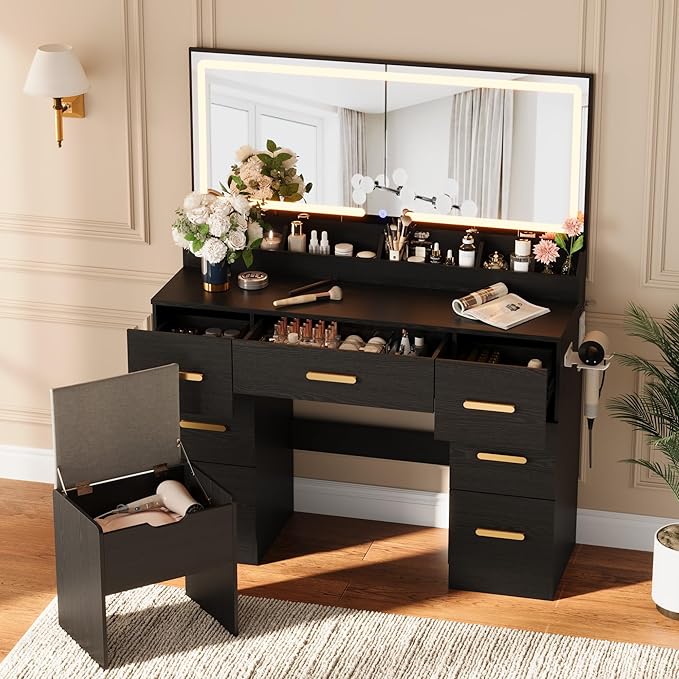 Garvee Vanity Desk with Large Mirror and Lights, 45.9 in Makeup Vanity Desk, 3 Lighting Modes Adjustable Brightness, Vanity Table with Power Outlet & 8 Drawers, for Powder Room and Bedroom