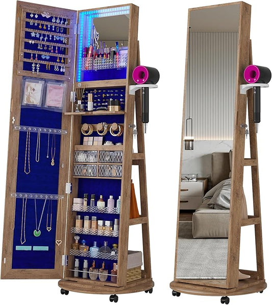 HNEBC 360° Swivel Jewelry Armoire with Mirror, LED Mirror Jewelry Cabinet Standing, Full Length Mirror with Jewelry Storage, Standing Jewelry Organizer/Lockable Wheels/Foldable Makeup Shelf (Wood)