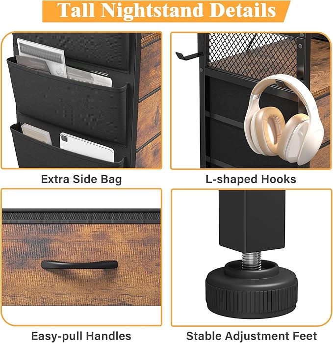 EnHomee Nightstands Set of 2 with 5 Drawers, Dresser with Charging Station and LED Light, Tall Nightstand with Extra Side Bag & Hooks, Bedroom, Closet, Hallway, Entryway, Rustic Brown