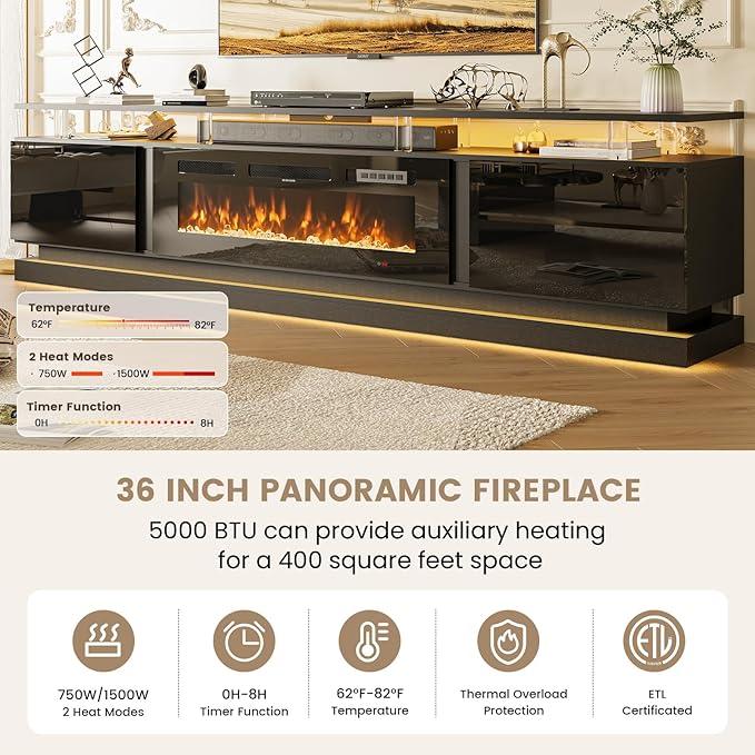 80 Inch Fireplace TV Stand, Modern Entertainment Center for TVs Up to 90", TV Console with Storage Cabinets, Media Console for Living Room, 80IN Black TV Stand and 36IN Black Fireplace