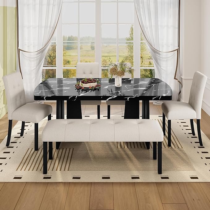 Merax 6-Piece Dining Table Set for 6, Modern Faux Marble Oval Kitchen Tabletop with Four Upholstered Chairs and One Bench for Dining, Living Room, Kitchen, Easy Assembly, Black+ Beige