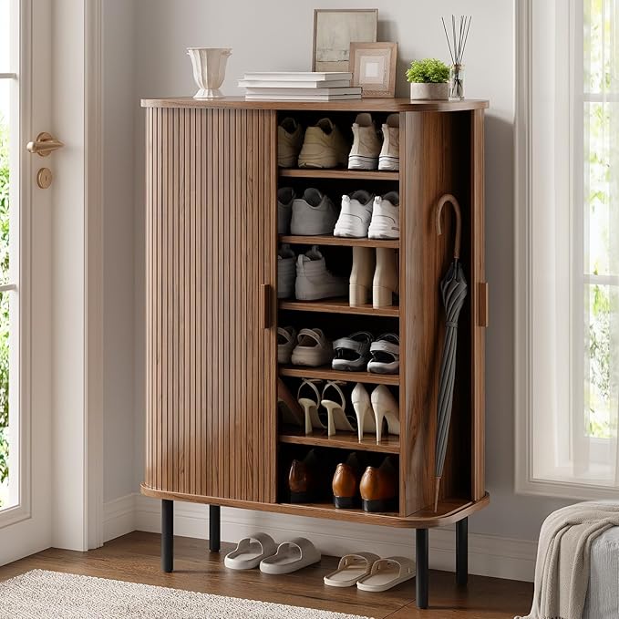 ONBRILL 6-Tier Shoe Cabinet with Sliding Door, Wooden Shoe Storage Cabinet with Adjustable Shelves, Mid-Century Modern Freestanding Shoe Storage Organizer for Entryway, Hallway, Living Room, Walnut