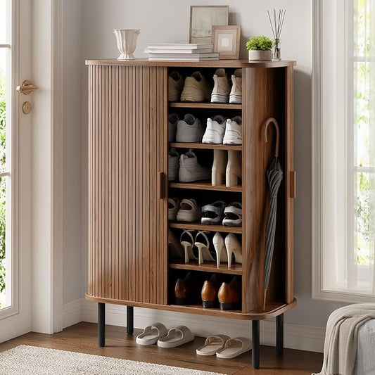 ONBRILL 6-Tier Shoe Cabinet with Sliding Door, Wooden Shoe Storage Cabinet with Adjustable Shelves, Mid-Century Modern Freestanding Shoe Storage Organizer for Entryway, Hallway, Living Room, Walnut