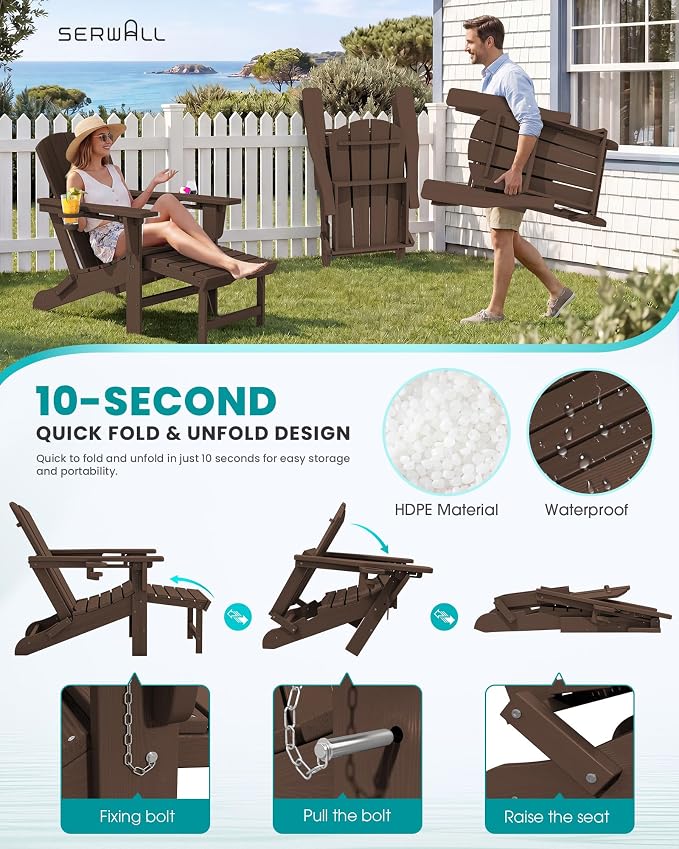 SERWALL Folding Adjustable Adirondack Chairs with Footrest Set of 2, HDPE Outdoor Chair with Dual Cup Holders, All Weather Adirondack Chair with Ottoman, Coffee