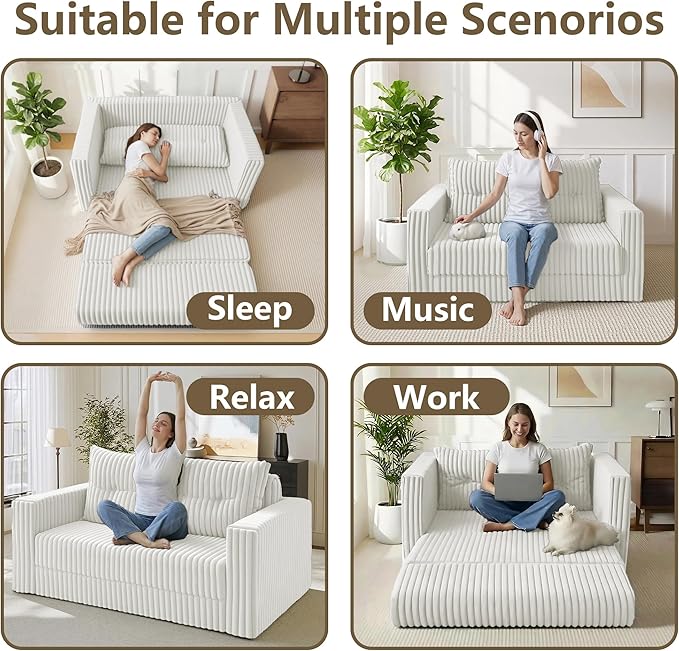 HABUTWAY 41.3" Loveseat Boneless Couch, 4-in-1 Convertible Sofa Bed, Plush Fur Folding Futon Sofa Bed Couches with a Pillow for Living Room, High-Density Foam Support, No Assembly Required, Beige