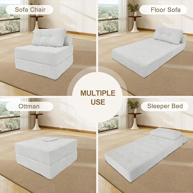 ANONER Memory Foam Folding Sofa Bed, Sectional Couches with Pillow, Futon Floor Couch, Versatile Convertible Sleeper Chair, Boneless Chaise Lounge, Fold Out Chair Bed for Living Room, Beige