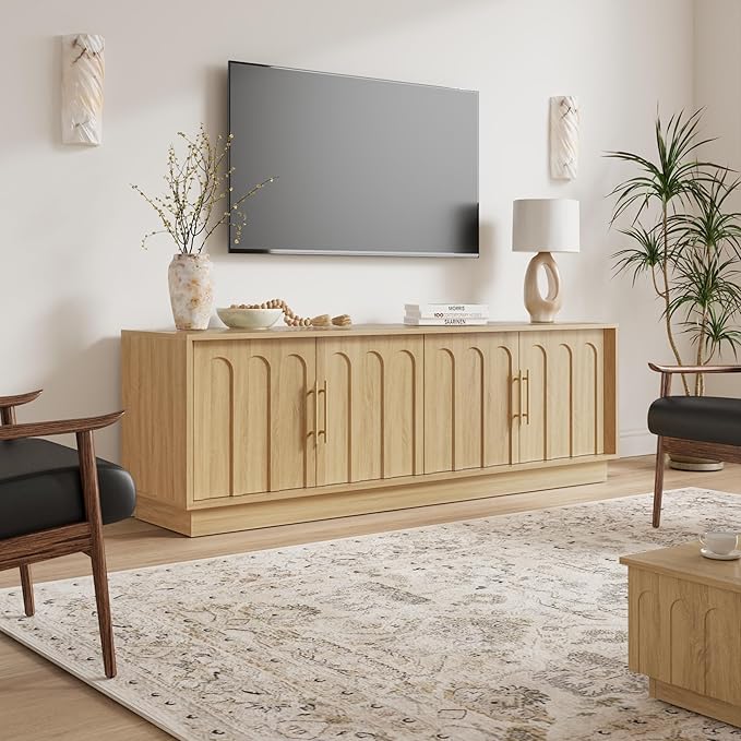 FORTUNETEC TV Stand for 75 Inch TV, Mid Century Modern TV Stand with Arched Design, Wood Grain Finish, Boho Media Console with Adjustable Shelves, 67" Entertainment Center for Living Room Bedroom, Oak