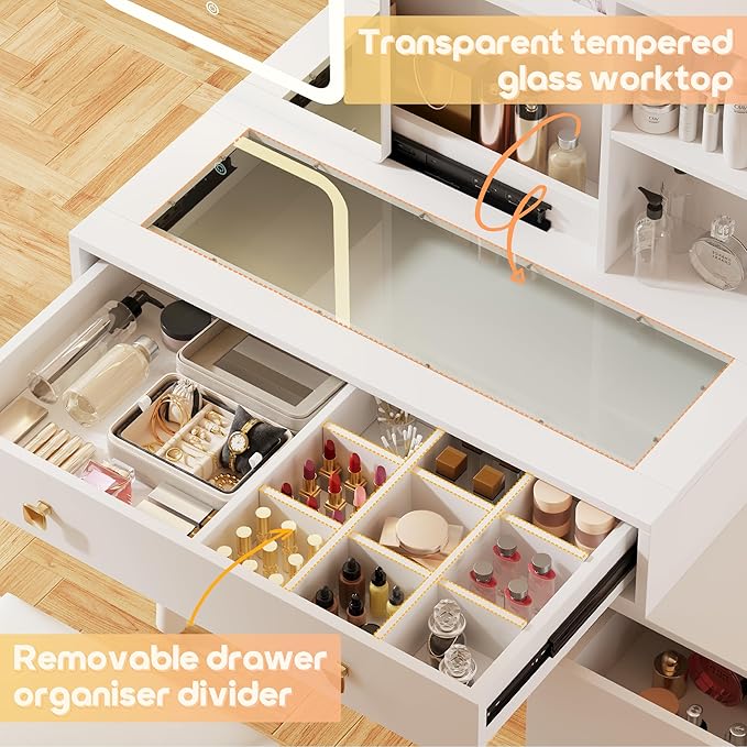 KAMABOKO Vanity Desk with Mirror and Lights, Makeup Vanity Table with Drawers & Shelves, Power Outlet, Dressing Table with Jewelry Storage for Bedroom (055 White)