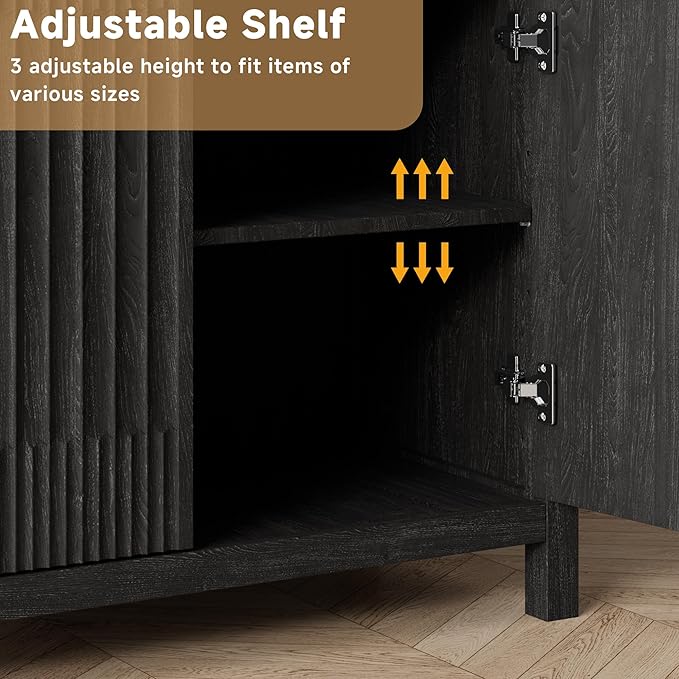 Fatmok Fluted Buffet Cabinet with Storage Set of 3, 34" Tall Modern Arched Sideboard Cabinet w/AdjustableShelves,Wooden Modular Coffee Bar for Kitchen, Living Room, Entryway, Black