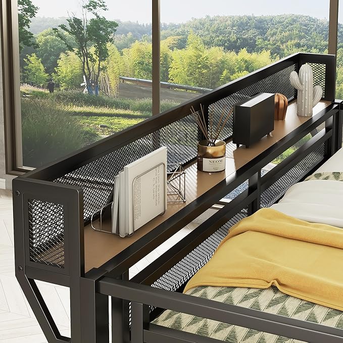 KEIKI Queen Size Metal Loft Bed Frame with Desk, Staircase, Built-in Storage Shelves and Wardrobe, Modern Loft Bed with Solid Slat, Guardrail, No Box Spring Required, Easy Assembly, for Bedroom, Black