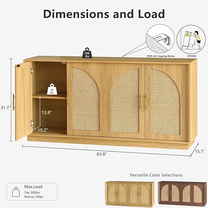 FORTUNETEC 63" Sideboard Buffet Cabinet with Storage, Modern Accent Cabinet with Rattan Arched Doors, Modular Media Console, Boho Credenza for Living Room Kitchen Dining Room Entryway, Oak