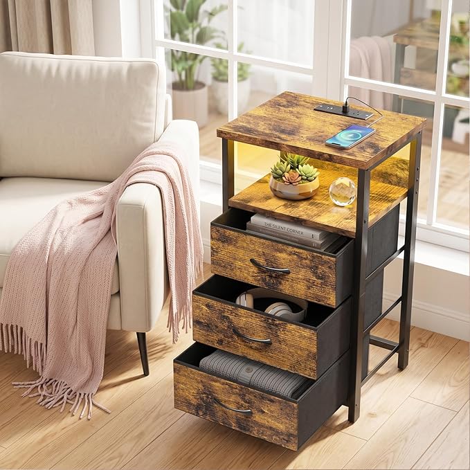Fixwal Night Stand with Charging Station, LED Nightstand with Fabric Drawers, End Table with PU Finish, Bed Side Table, Rustic Brown
