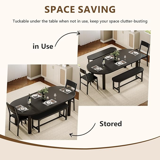 Feonase Dining Chairs and Benches Set of 4, Modern Dining Room Chairs with Ergonomic Backrest, Wood Structure & Metal Legs, for Kitchen, Dining Room, Space-Saving, Easy to Assemble & Clean, Black