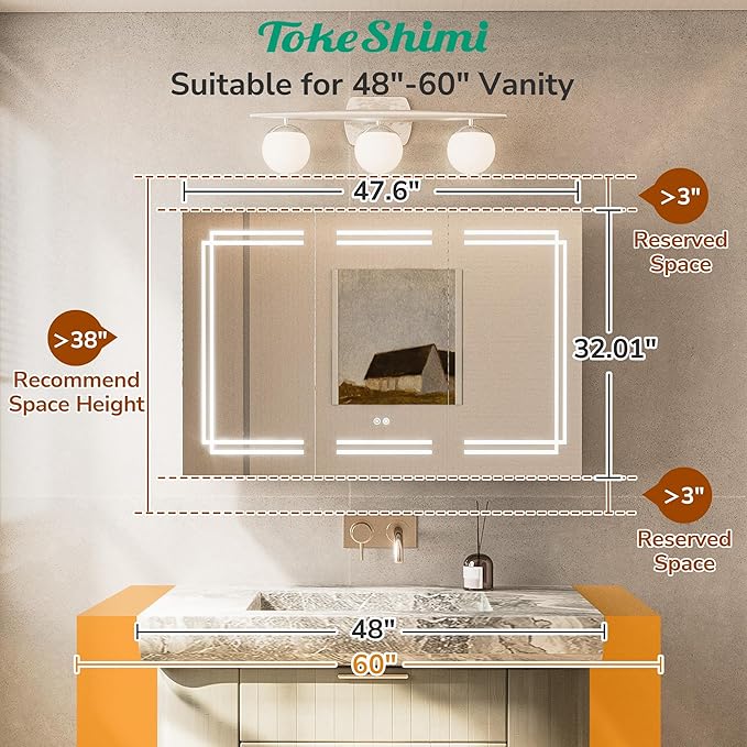 TokeShimi 48x32 Inch Lighted Medicine Cabinet, LED Medicine Cabinet with Lights, Wall-Mounted Bathroom Cabinet Mirror with 3 Color Temperature, Anti-Fog, CRI 80+, Memory Function, Tempered Glass