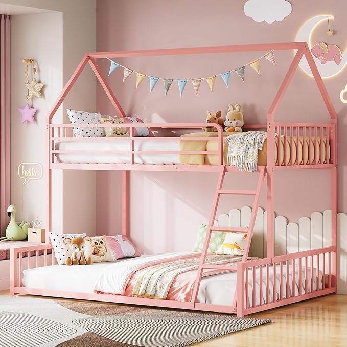 LIKIMIO Bunk Bed Twin Over Full Size, House Bunk Bed Frame with Ladder and Guardrail, House Shaped with Metal Slats Support No Box Spring Needed Space Saving for Bedroom and Dorm, Pink