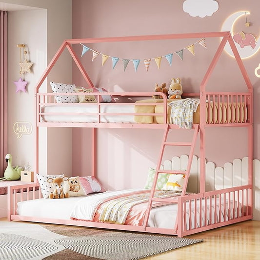 LIKIMIO Bunk Bed Twin Over Full Size, House Bunk Bed Frame with Ladder and Guardrail, House Shaped with Metal Slats Support No Box Spring Needed Space Saving for Bedroom and Dorm, Pink