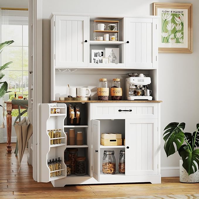 Gizoon Kitchen Pantry Cabinet with Countertop Kitchen Hutch Storage Cabinet 67.7" Tall Pantry Coffee Bar with Storage for Dining Room and Craft Room, White and Rustic