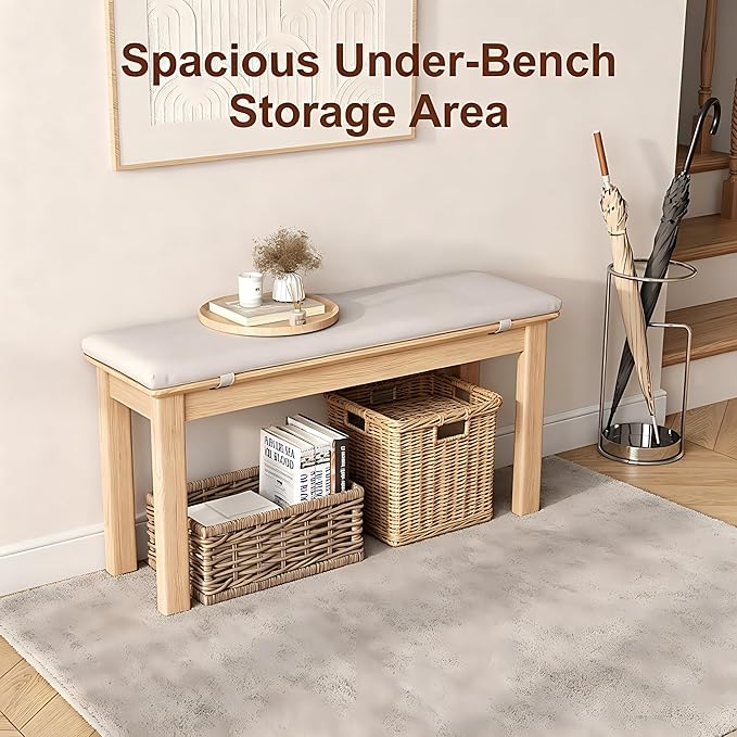 CycleCrew 39.4" Solid Wood Dining Bench with Removable Cushion - Mid-Century Modern Entryway Bench, Extra Height Upholstered Bench for Dining Table, End of Bed, Living Room