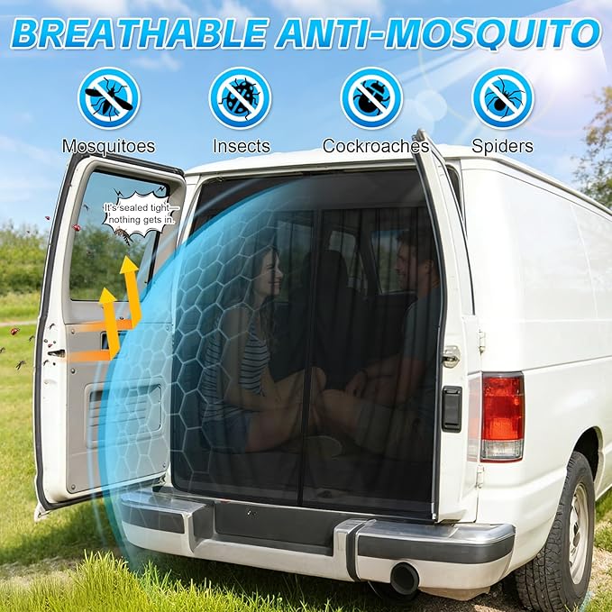 Magnetic Van Screen for Ford Econoline/Ford E-Series E-150 E-250 E-350 E450 1992-2005 - Mosquito Net with Zipper for Back Door - 60" H x 63" W
