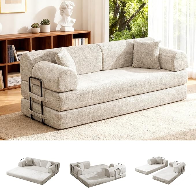 78.8" Convertible Sofa Bed with Detachable Arm Pillow, 6-in-1 Sectional Couches for Living Room, Corduroy Boneless Couch, Sleeper Loveseat Couch Bed, No Assembly, Light Camel Couch