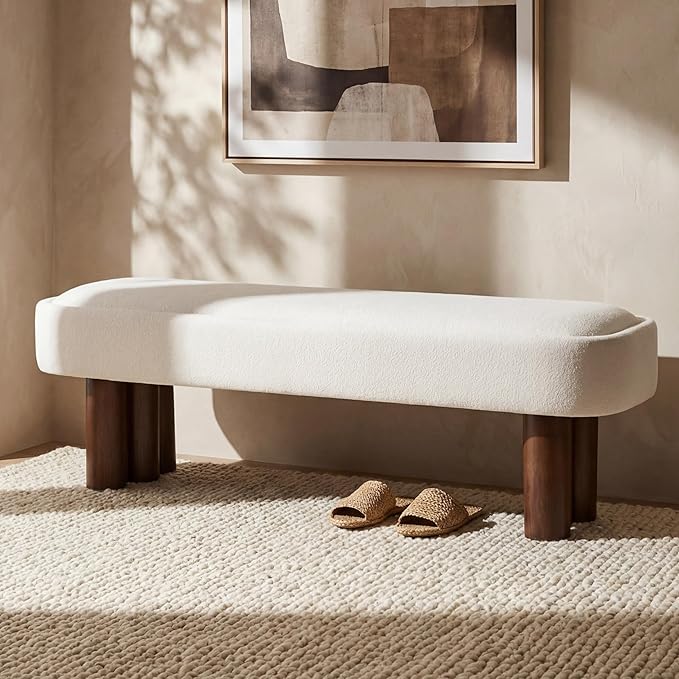 Christopher Knight Home Damas 60.04" Fabric Upholstered Dining Bench, Wooden Entryway Bench, Long Sofa Footstool for Living Room, Bedroom End of Bed Bench, Milky White+Walnut