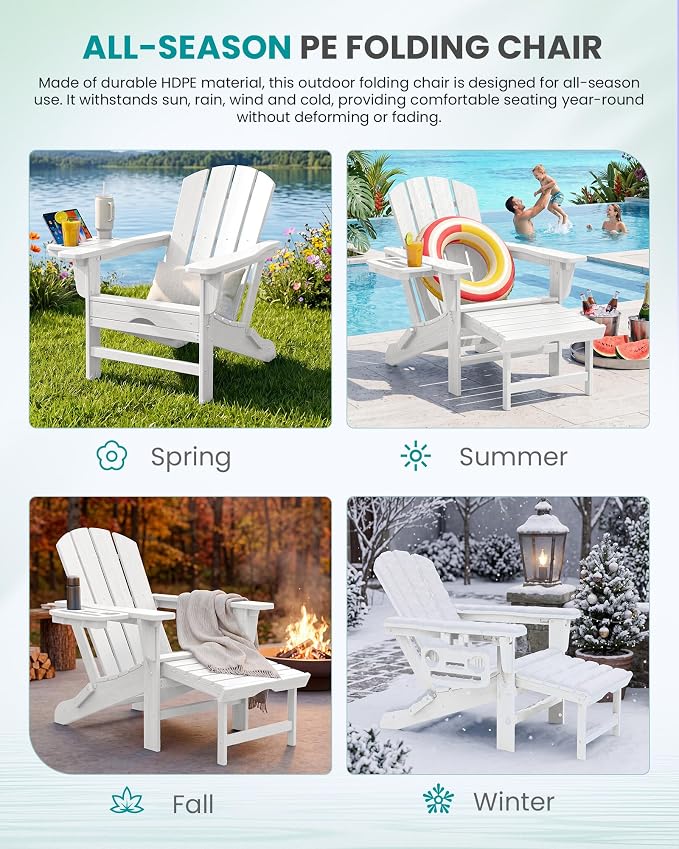SERWALL Folding Adjustable Adirondack Chairs with Footrest Set of 2, HDPE Outdoor Chair with 4-in-1 Cup Holders, All Weather Adirondack Chair with Ottoman, White