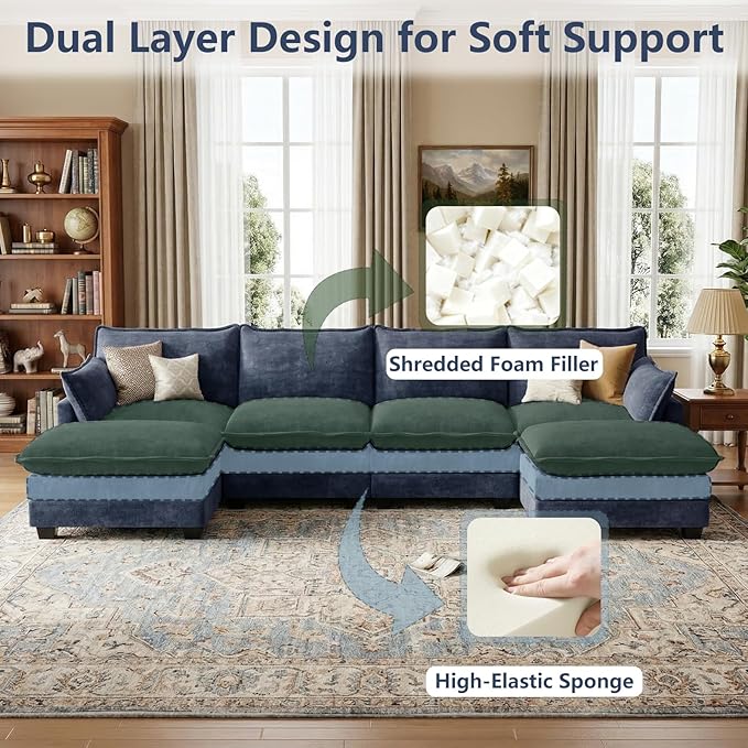 U Shaped Modular Sectional Sofa, Cloud Couch with Movable Ottoman, Comfy Chenille Sofa with Pillows for Living Room, Bedroom, Apartment, Blue