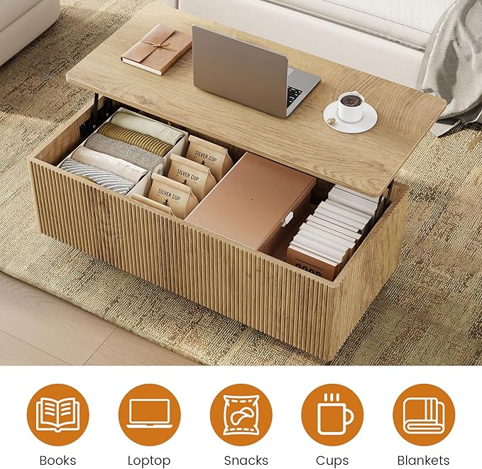 FABATO Mid Century Modern Coffee Table, Wooden Fluted Center Table with Large Hidden Compartment, 41.7” Rectangle with Round Corners, Lift Up Farmhouse Wood Table for Living Room, Home Office, Wood