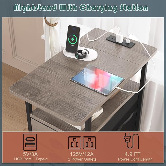 sthmec End Table with Charging Station,LED Side Tables with USB Ports and Outlets,Narrow Nightstands Bedside Tables with 3 Drawers for Small Space,Slim Sofa Table for Livingroom,Grey