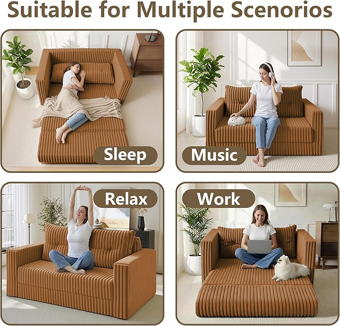 HABUTWAY 49.8" Loveseat Boneless Couch, 4-in-1 Convertible Sofa Bed, Plush Fur Folding Futon Sofa Bed Couches with a Pillow for Living Room, High-Density Foam Support, No Assembly Required, Orange