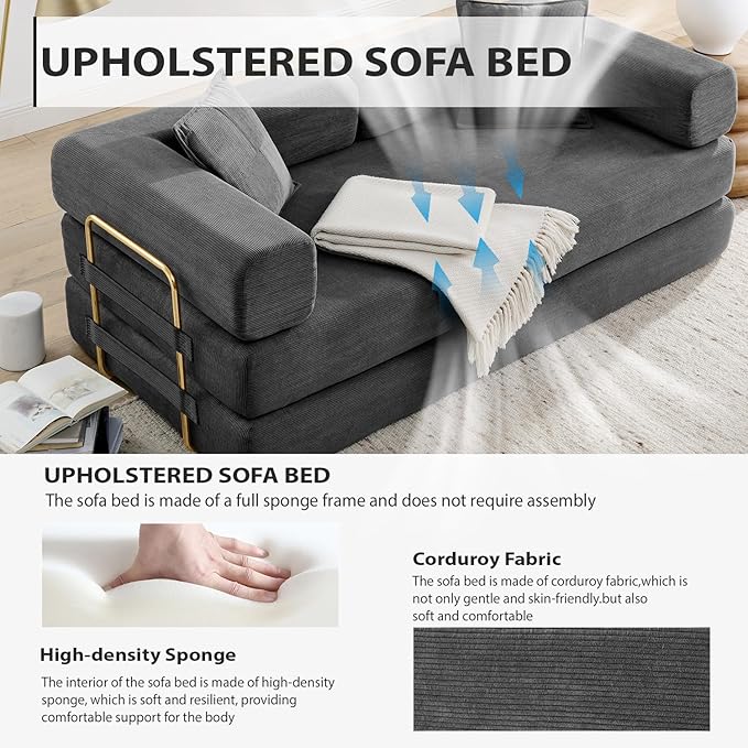 HANXIN Convertible Sleeper Sofa Bed, 78 Inch Folding Floor Mattress Couch with Fixed-Shape Frame, Futon Boneless Couch Lounge Loveseat with Pull Out Bed, No Assembly Required, Grey