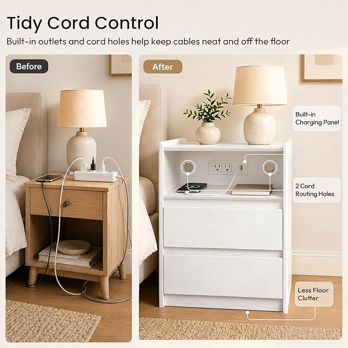 24" Tall Nightstand with Charging Station Including USB-C, Modern Bedside Table and Sofa End Table - White, 2 Drawers, 1-Pack