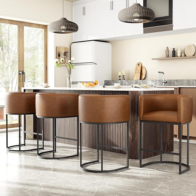 26" H Counter Height Bar Stools Set of 2, Modern Barrel Counter Stools with Backrest and Arms, Faux Leather Upholstered Accent Barstools for Kitchen Island,Support 450 LBS (Walnut Brown)