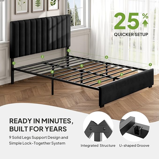 Welzona Full Upholstered Bed Frame with Headboard, Velvet Upholstered Metal Platform Bed with Vertical Channel Tufted Headboard, 3-Level Height, Metal Slat Support, Noise-Free Easy Assembly, Black