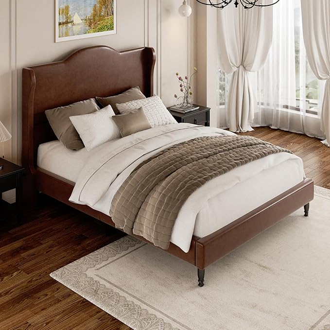 Full Upholstered Bed Frame with Tall Headboard, Leather Platform Bed Frame with Wingback Sides, Wood Slats Support, Noise-Free Design, No Box Spring Required, Easy Assembly, Dark Brown