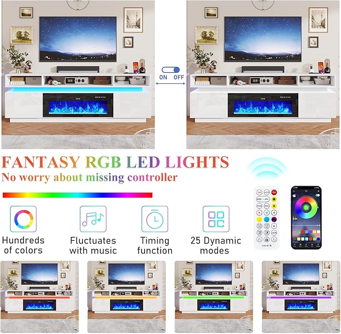 chartustriable Fireplace TV Stand for 95" TV, 83" LED Entertainment Center with 40" Fireplace & Power Outlets, High Gloss TV Stand, Gaming TV Media Console for Living Room, 83 Inch, White