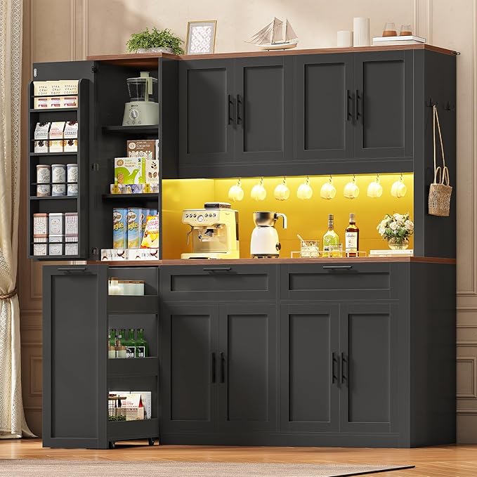 Itaar 71" Kitchen Pantry Cabinet with Charging Station and Led Light, Kitchen Storage Cabinets with Microwave Stand, 59" Wide Pantry Storage Cabinet with Storage Cart 3 Tier for Dining Room, Black