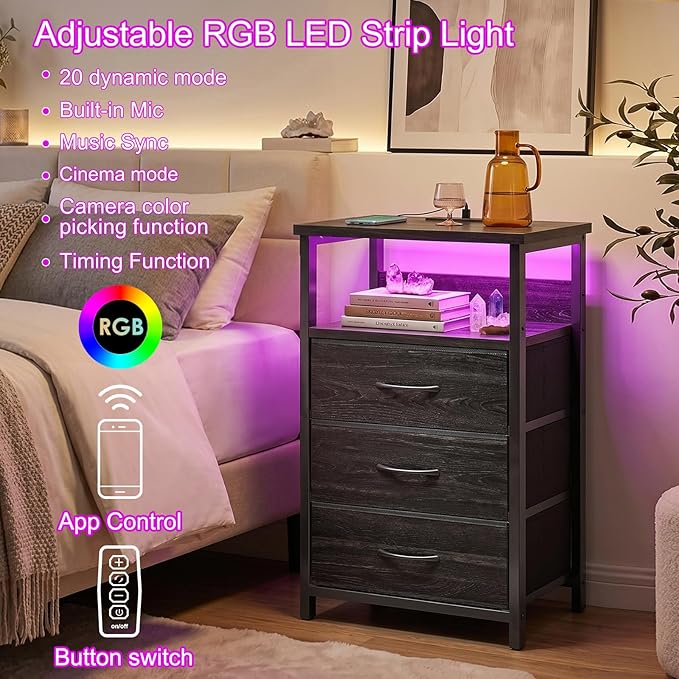 Fixwal Night Stand with Charging Station, LED Nightstand with Fabric Drawers, End Table with PU Finish, Bed Side Table, Black Oak
