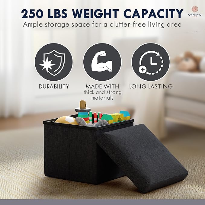 Ornavo Home Small Storage Ottoman, Set of 2 Foldable Collapsible Cube Square Linen Ottoman Foot Rest Stool Seat, for Living Room, Bedroom, Home Office, Dorm - 12 x 12 x 12, Black